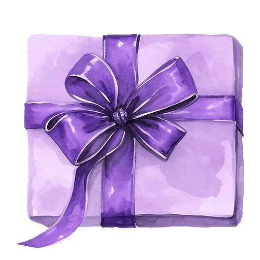 Purple gift box with matching ribbon and bow, watercolor illustration.