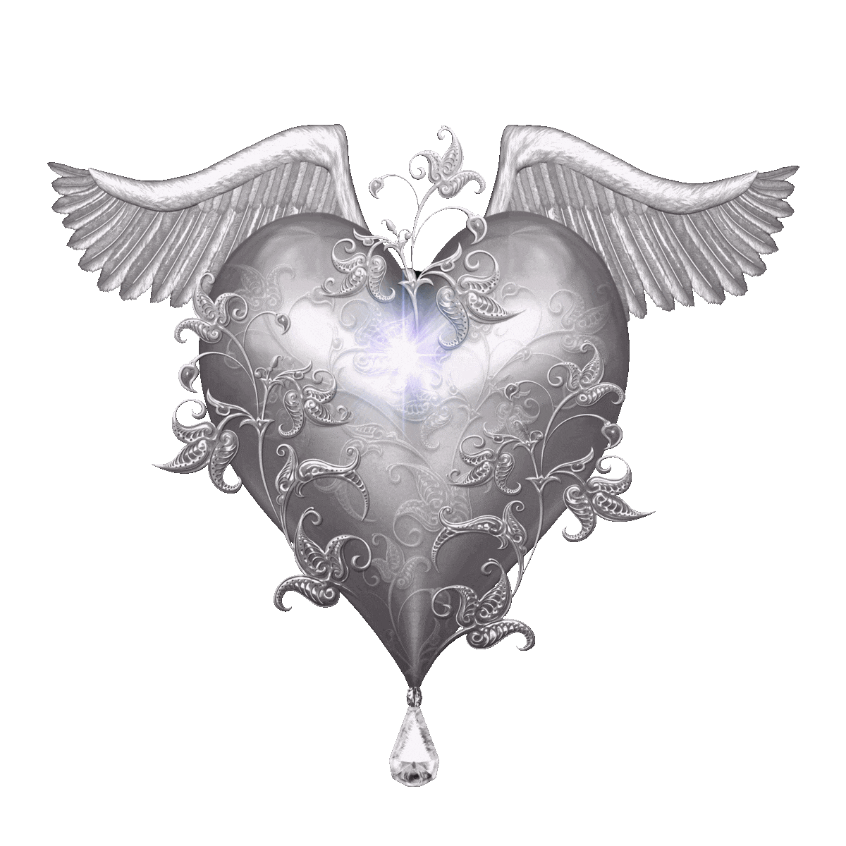 Silver heart with intricate designs and angel wings, adorned with a sparkling crystal drop.