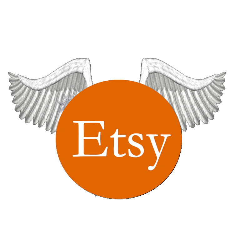 Etsy logo with white angel wings, representing creative online marketplace with unique products.