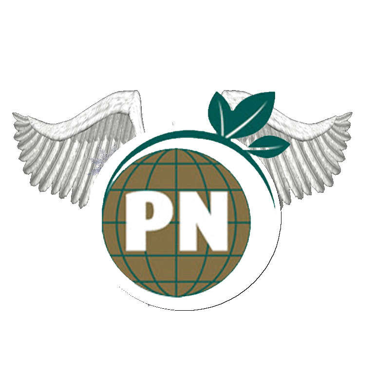 Logo with globe, letters 'PN', wings, and leaves symbolizing freedom and sustainability