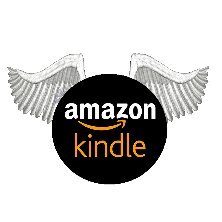 Amazon Kindle logo with white angel wings on a black background.