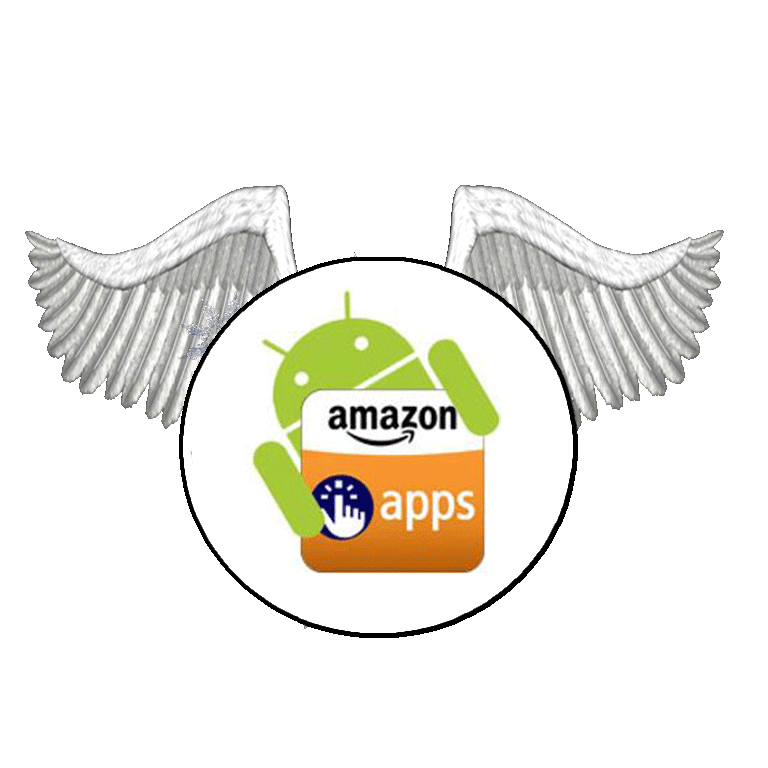 Android icon holding an Amazon app logo with wings on a black background.