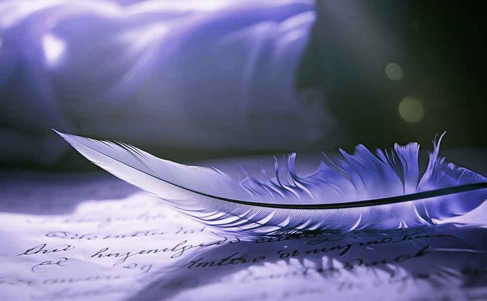 Feather and handwritten letter illuminated by soft light, symbolizing delicate communication or artistic expression