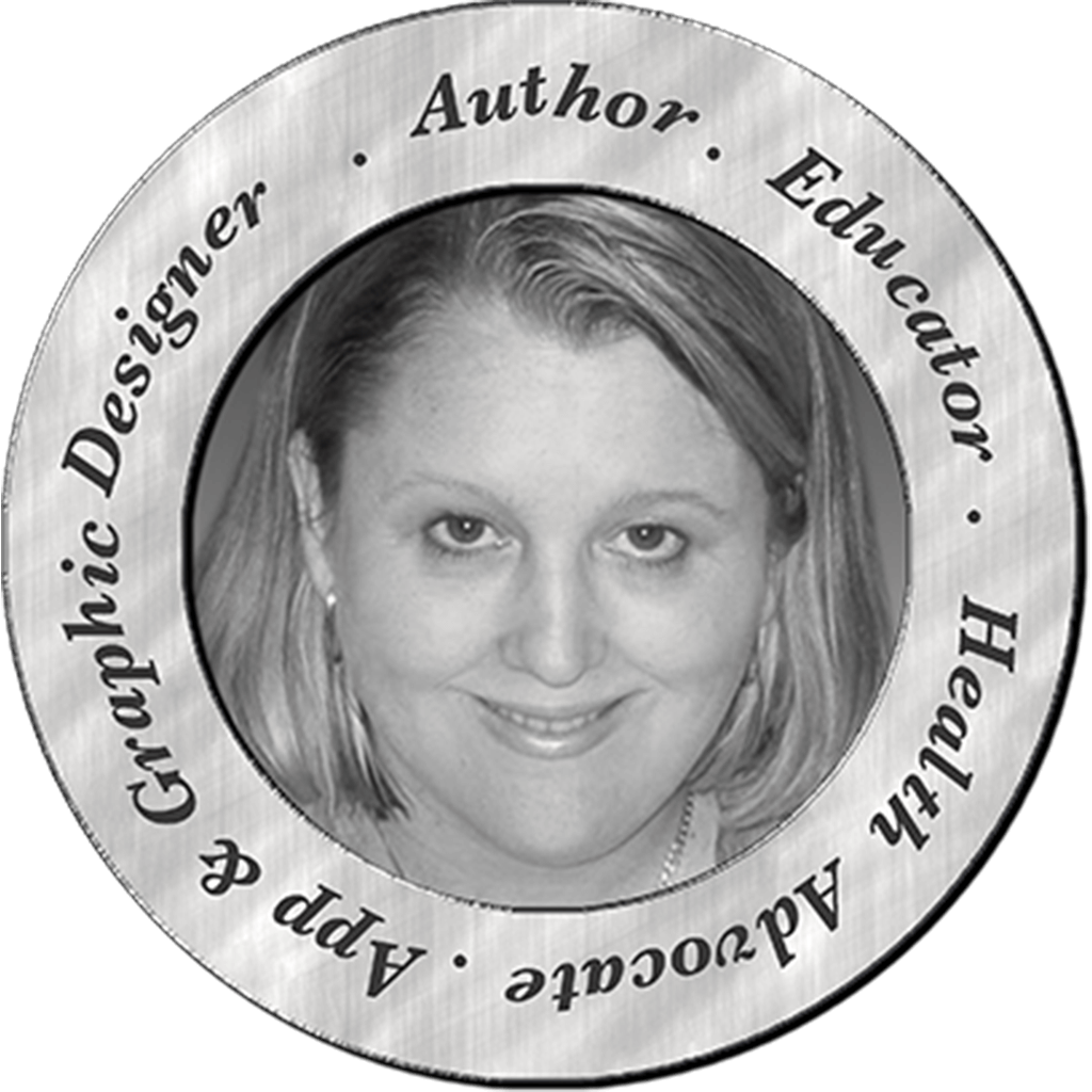 Monochrome circular image featuring the face of a woman with text around the ring: Author, Educator, Health Advocate, Graphic Designer.