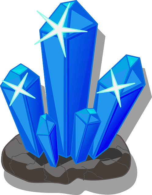 Illustration of sparkling blue crystals emerging from rock surface