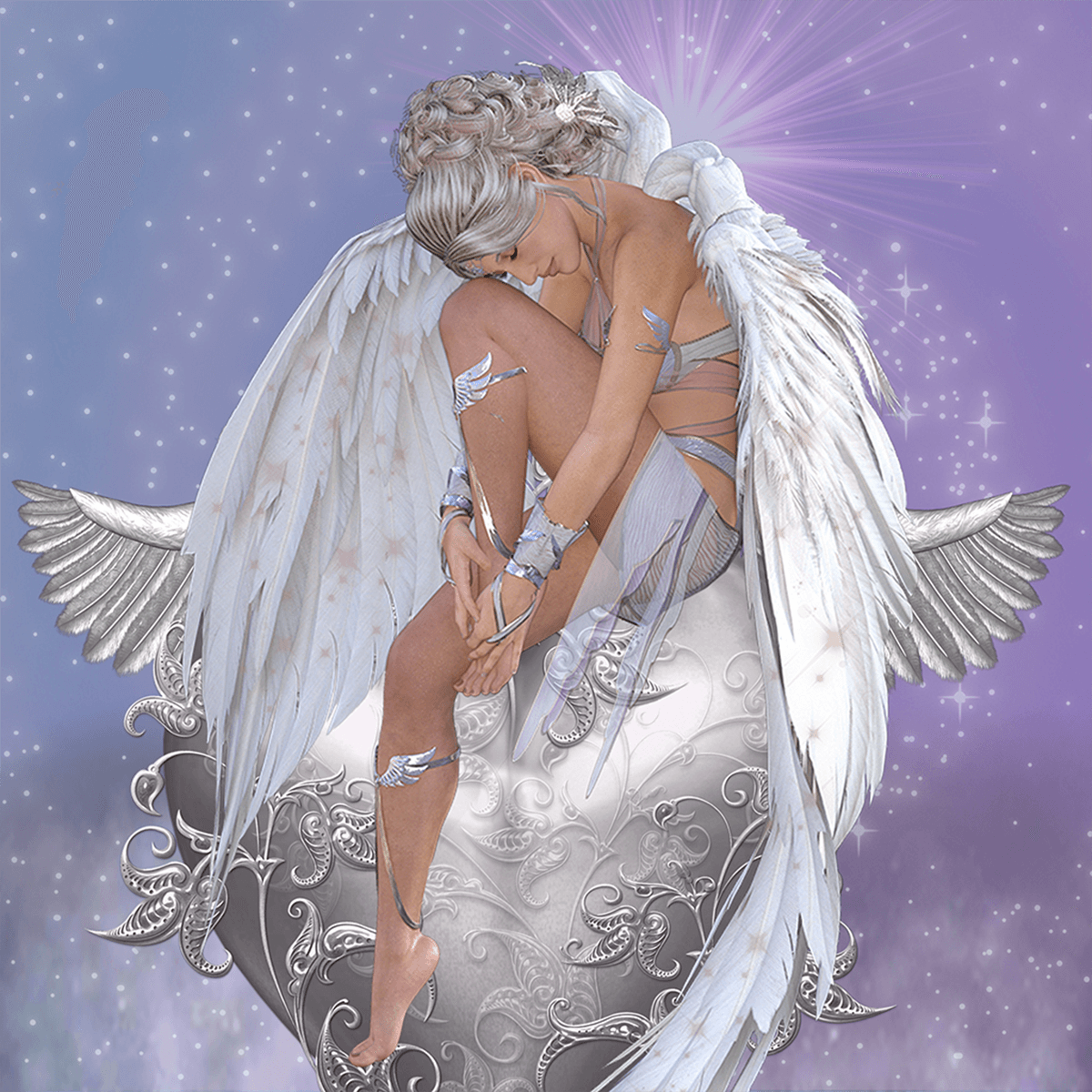 Ethereal angel with white wings sitting gracefully on ornate heart with a purple starry background.