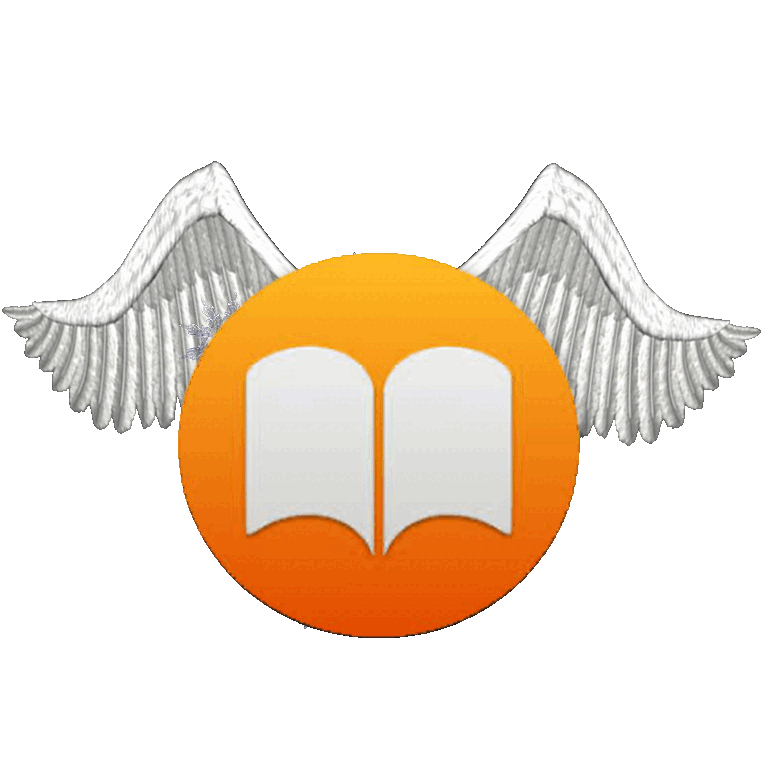 Open book icon with white wings on orange background, symbolizing freedom and knowledge in reading.