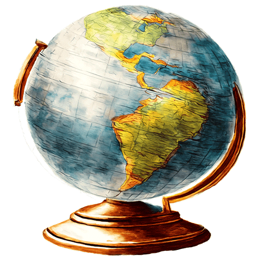 Illustrated antique globe showing Americas, with a vintage wooden base.