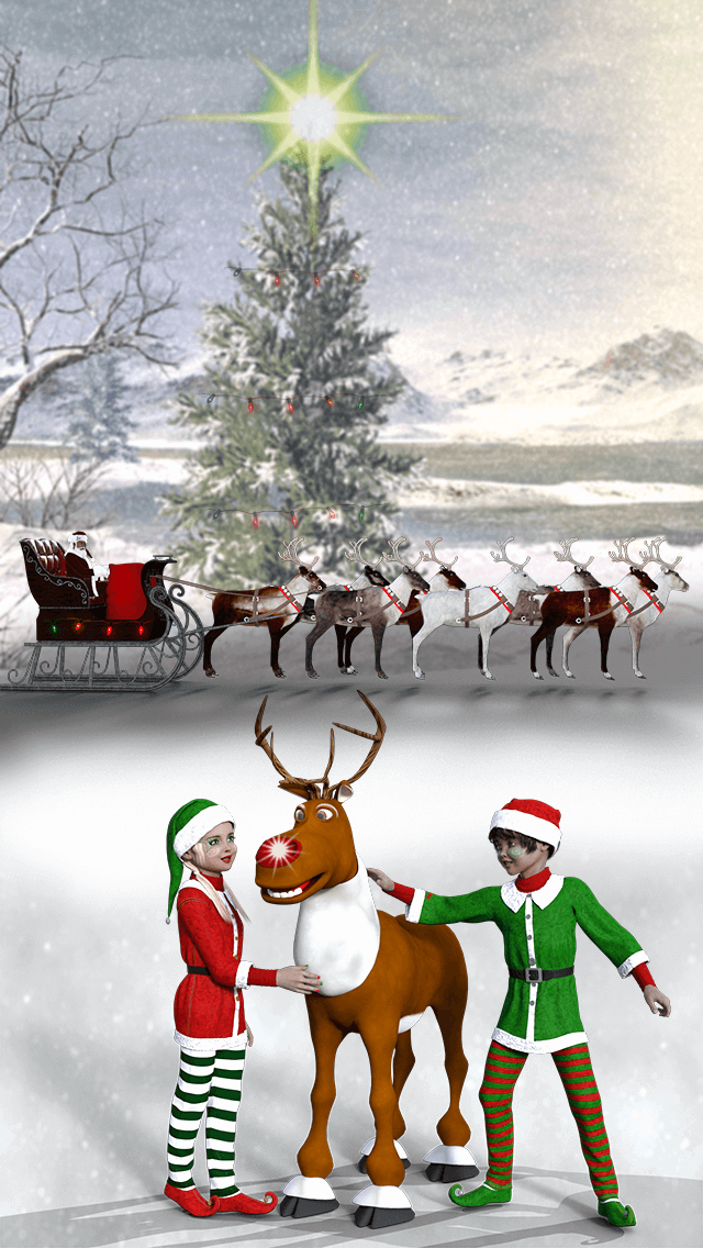Festive scene with two elves and a reindeer in front of Santa's sleigh and a decorated Christmas tree in a snowy landscape.