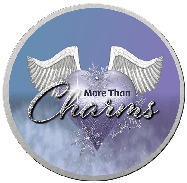 Purple heart with wings and snowflakes, featuring 'More Than Charms' text, on a blue gradient background.
