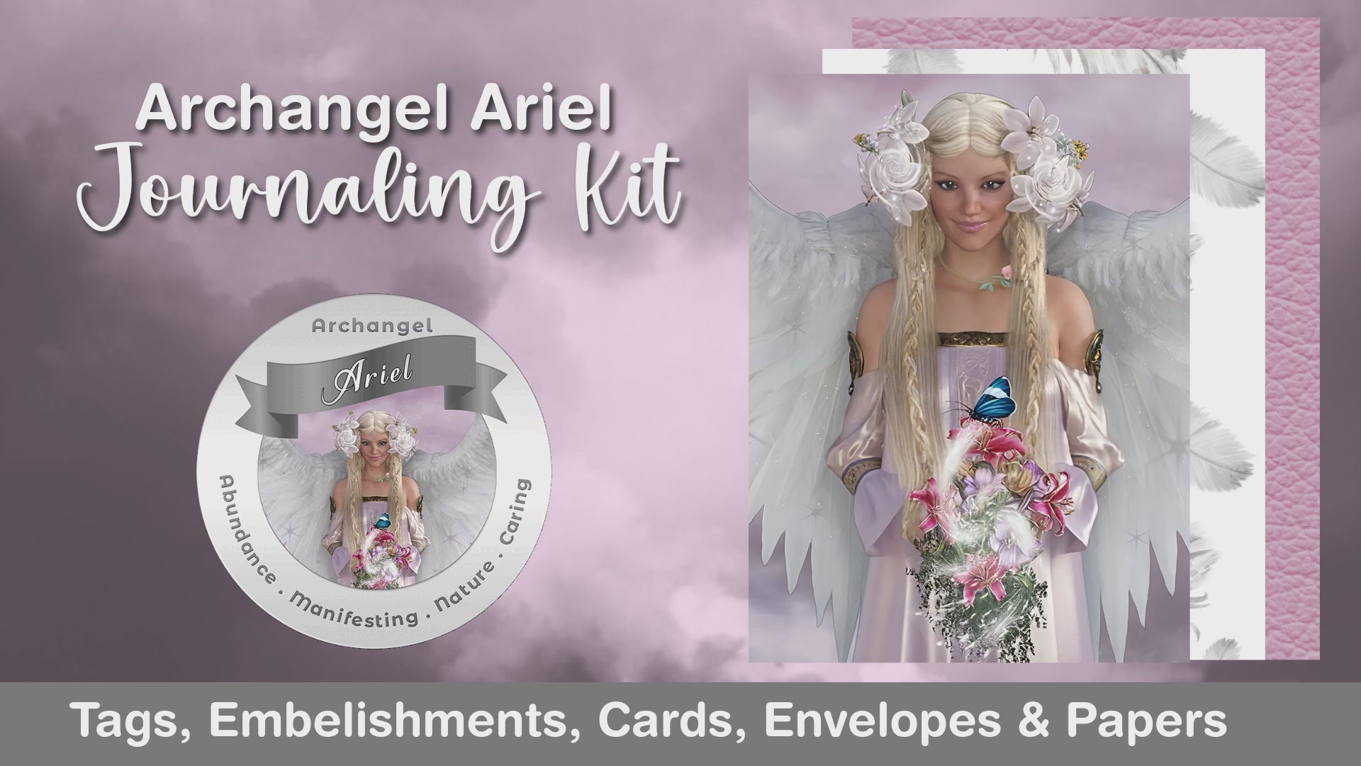 Archangel Ariel Journaling Kit - Tags, Embellishments, Cards, Envelopes & Background Papers with angelic artwork and spiritual design