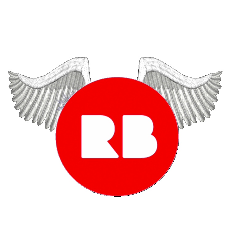 Red circle with white 'RB' lettering and silver wings on black background