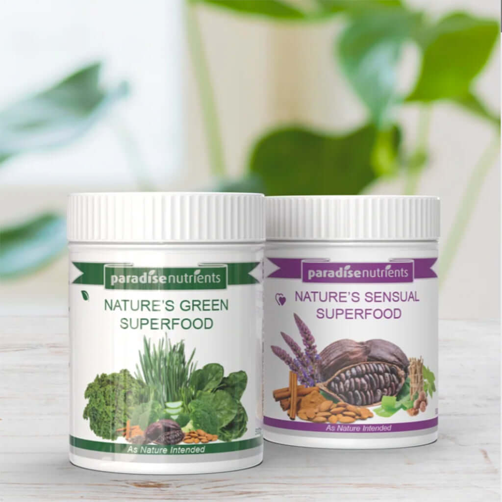 Nature's Green and Sensual Superfood supplements by Paradise Nutrients in white jars, with green leaves in the background.