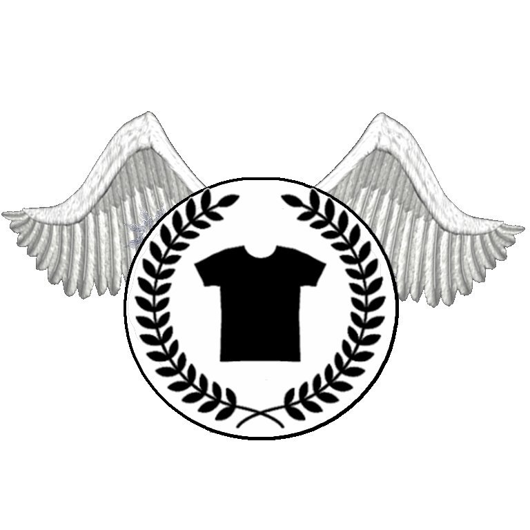Winged t-shirt emblem with laurel wreath design, symbolizing clothing and fashion icon.