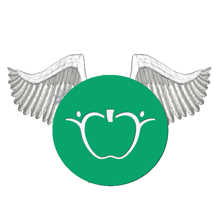 Green apple logo with white wings symbolizing wellness and freshness